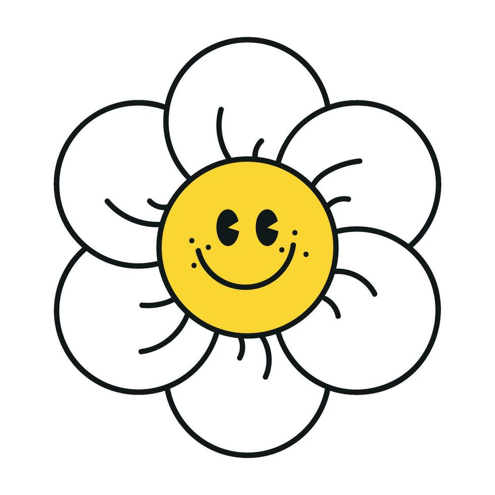 häftig daisy blommor ansikte samling. retro kamomill ler i tecknad serie stil. Lycklig klistermärken uppsättning från 70-tal. vektor grafisk illustration
