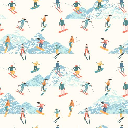 Vektor illustration av skidåkare och snowboardåkare. Sömlöst mönster.
