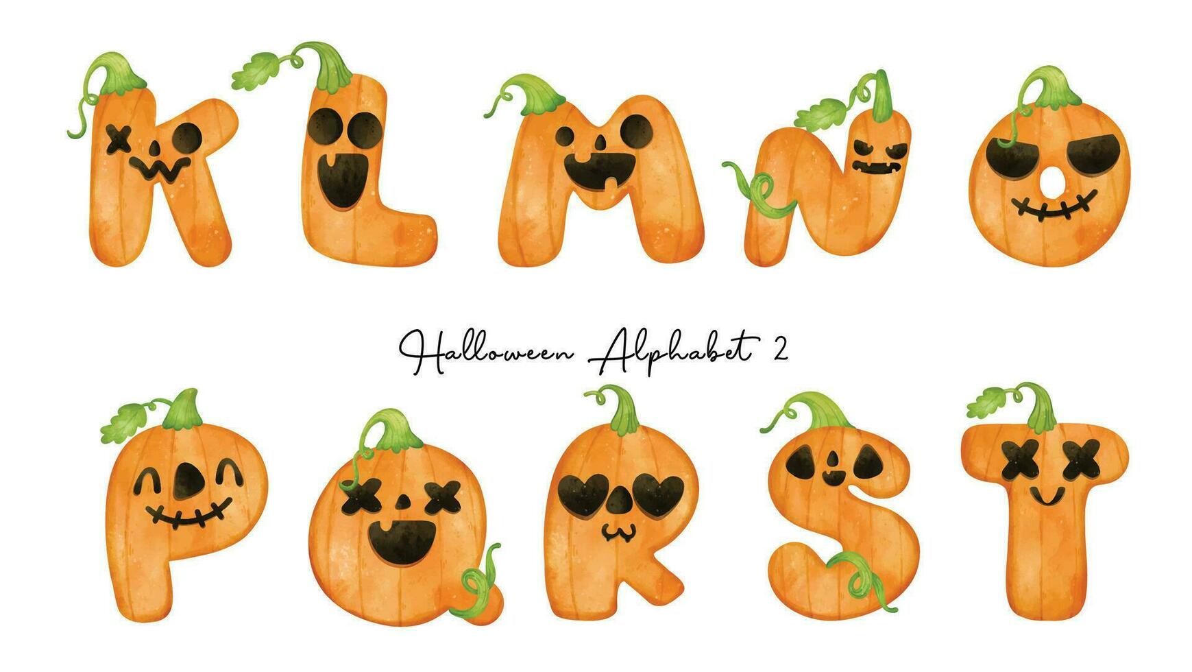 halloween pumpa alfabet brev kt, söt läskigt vattenfärg tecken, hand målad vattenfärg illustration, perfekt för Semester projekt, crafting hälsning kort, dekorationer, eller inbjudningar. vektor