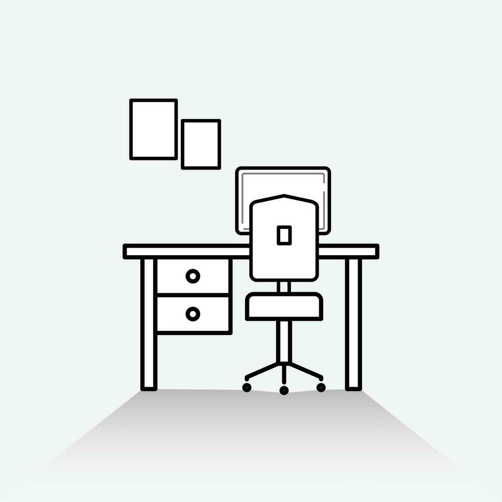 Büro Schreibtisch oder Tabelle mit Computer und Foto rahmen. Liner Symbol mit editierbar Schlaganfall. Logo Konzept vektor