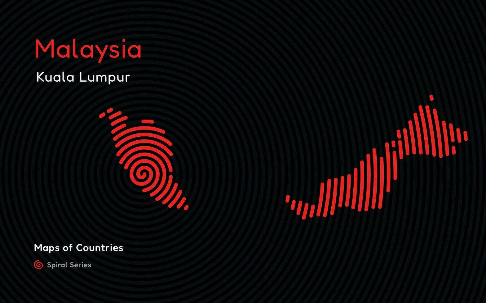 kreativ Karte von Malaysia. politisch Karte. kuala Lumpur. Hauptstadt. Welt Länder Vektor Karten Serie. Spiral- Fingerabdruck Serie schwarz