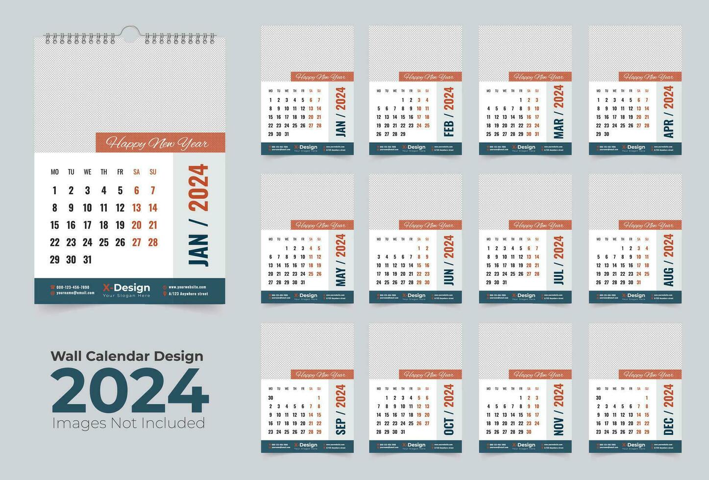 monatlich Kalender Vorlage zum 2024 Jahr, 12 Seiten Mauer Kalender 2024, Neu Jahr Mauer Kalender vektor