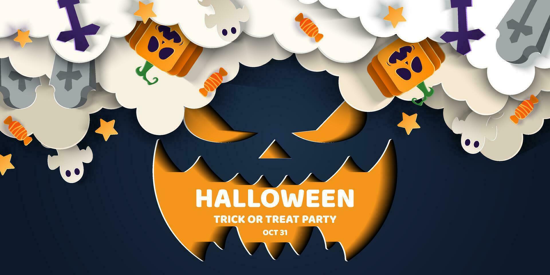 glücklich Halloween Banner oder Party Einladung Hintergrund im Papier Schnitt Stil. vektor