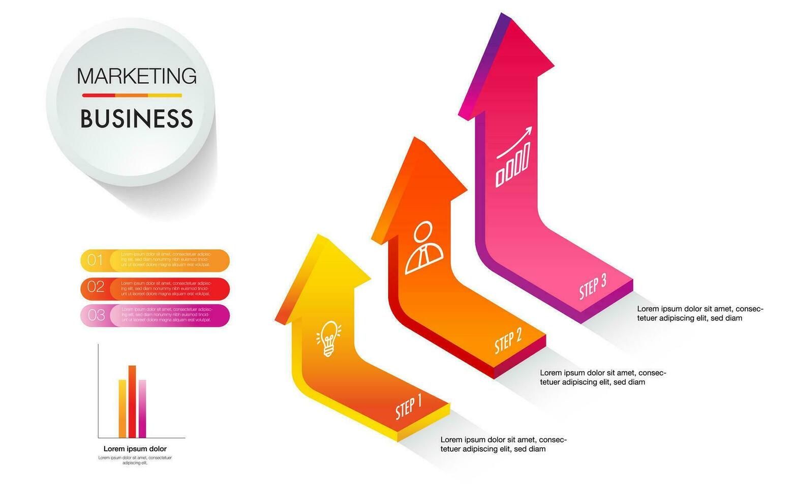 pil infographic mall steg för företag riktning, marknadsföring strategi, diagram, data, glöd, pil tidslinje, för presentation Rapportera och framsteg vektor