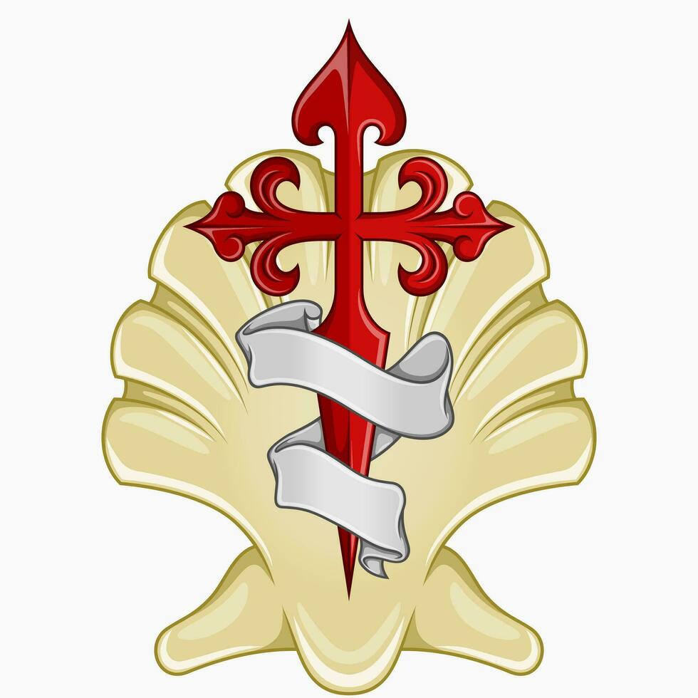 Vektor Design von Christian Symbolik von das Apostel Santiago, Kreuz von das Apostel Santiago mit Furnier und Band