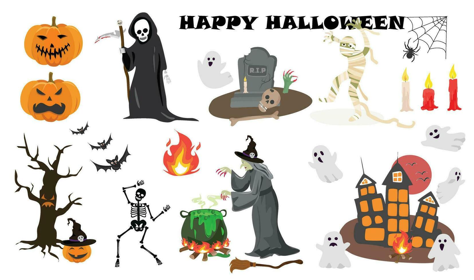 Lycklig halloween vektor uppsättning. halloween element klämma konst, pumpa, dyster skördeman, död, mamma, zombie hand, spöke, besatt hus, fladdermus, häxa, läskigt träd, trolldryck kittel, gravsten, ljus. platt vektor