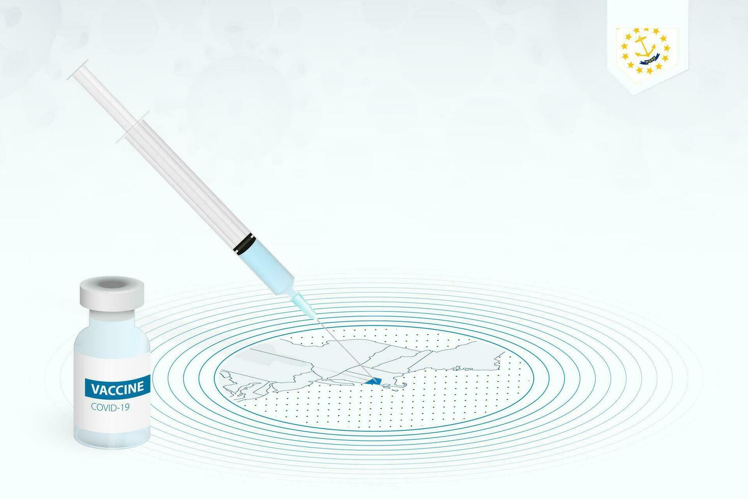 covid-19 vaccination i Rhode ö, coronavirus vaccination illustration med vaccin flaska och spruta injektion i Karta av Rhode ö. vektor