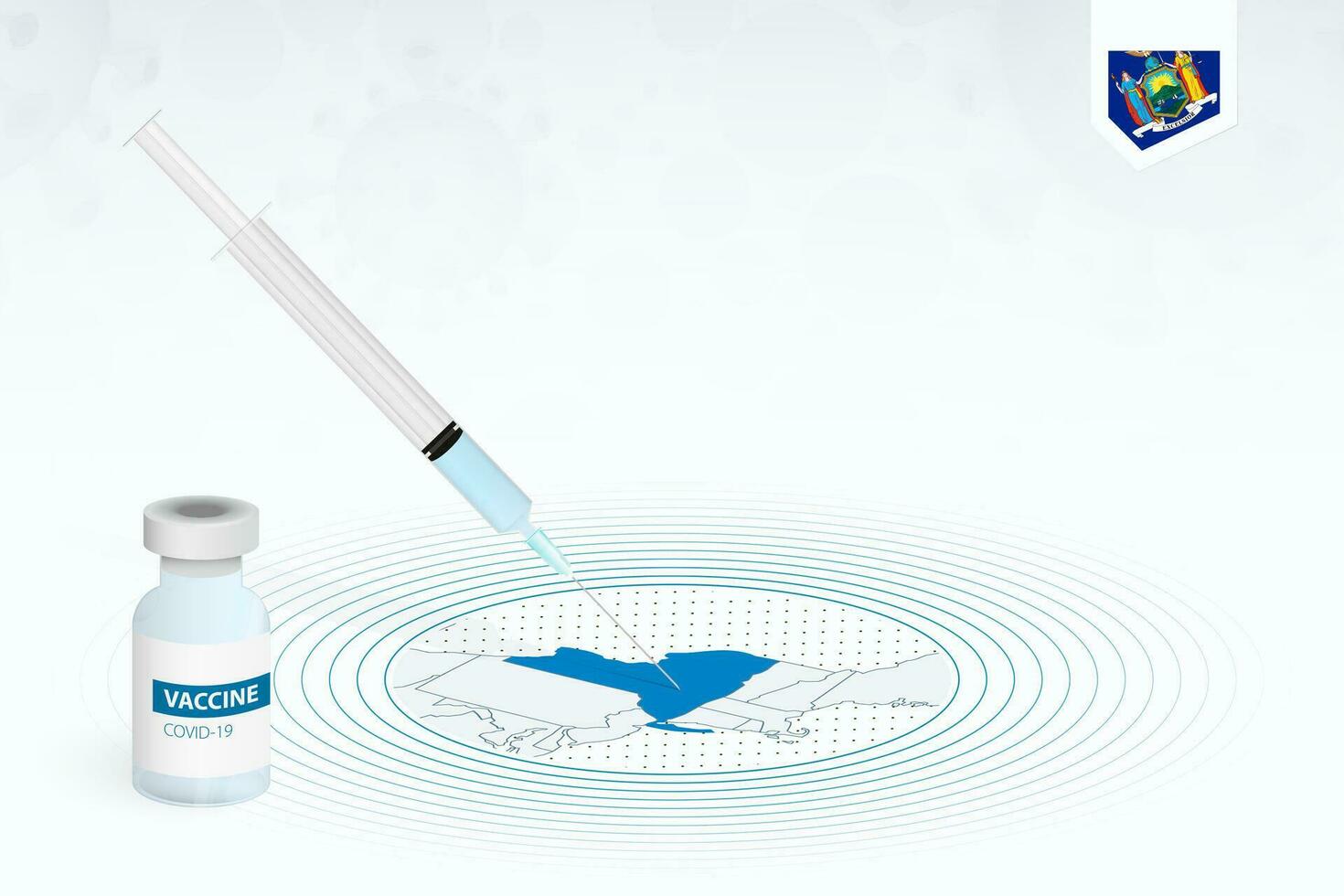 covid-19 Impfung im Neu York, Coronavirus Impfung Illustration mit Impfstoff Flasche und Spritze Injektion im Karte von Neu York. vektor