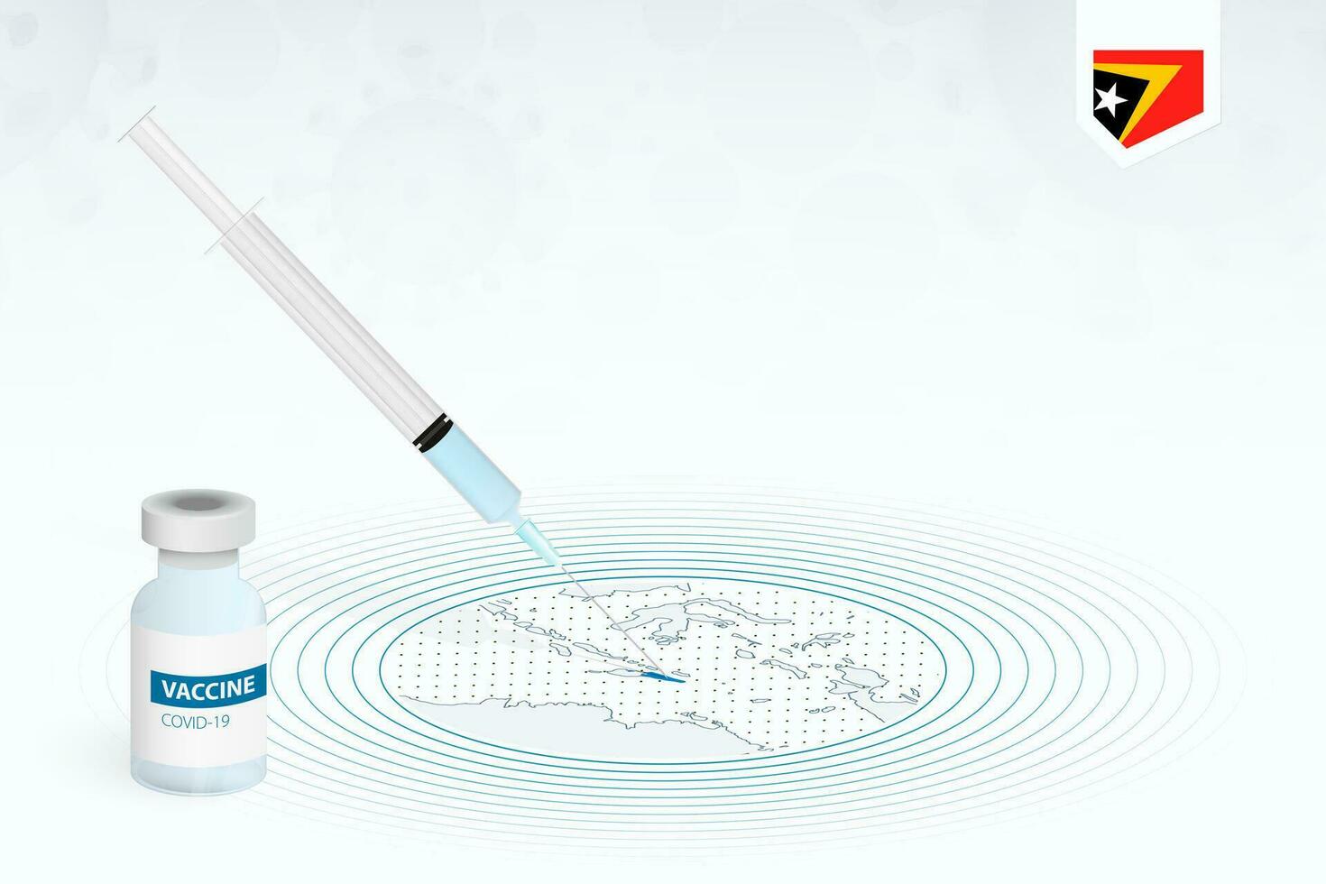 covid-19 Impfung im Osten Timor, Coronavirus Impfung Illustration mit Impfstoff Flasche und Spritze Injektion im Karte von Osten Timor. vektor