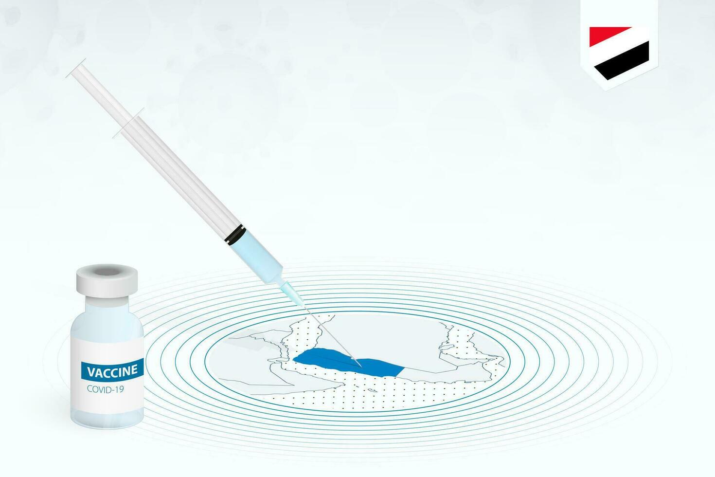 covid-19 Impfung im Jemen, Coronavirus Impfung Illustration mit Impfstoff Flasche und Spritze Injektion im Karte von Jemen. vektor