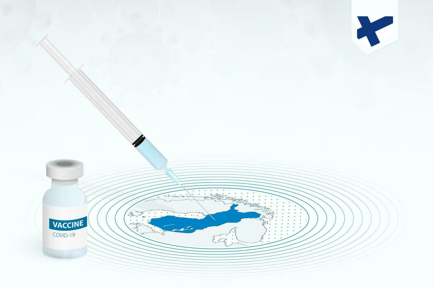 covid-19 Impfung im Finnland, Coronavirus Impfung Illustration mit Impfstoff Flasche und Spritze Injektion im Karte von Finnland. vektor