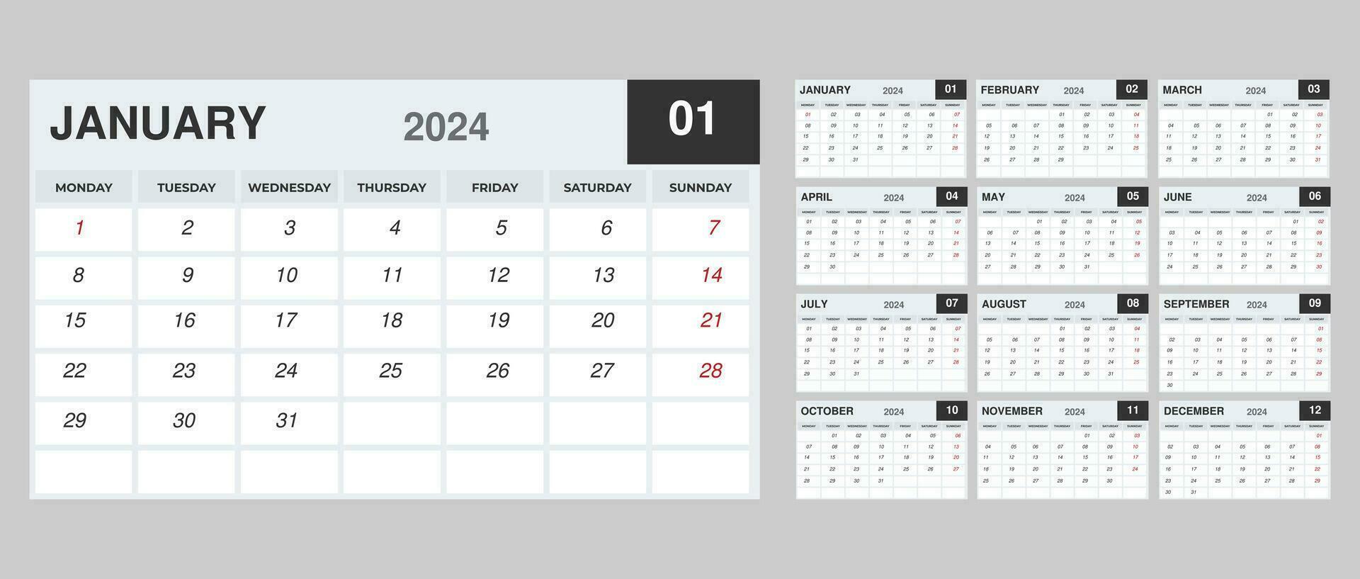 Landschaft Schreibtisch Kalender mit monatlich Kalender Vorlage zum 2024 Jahr zum Geschäft vektor