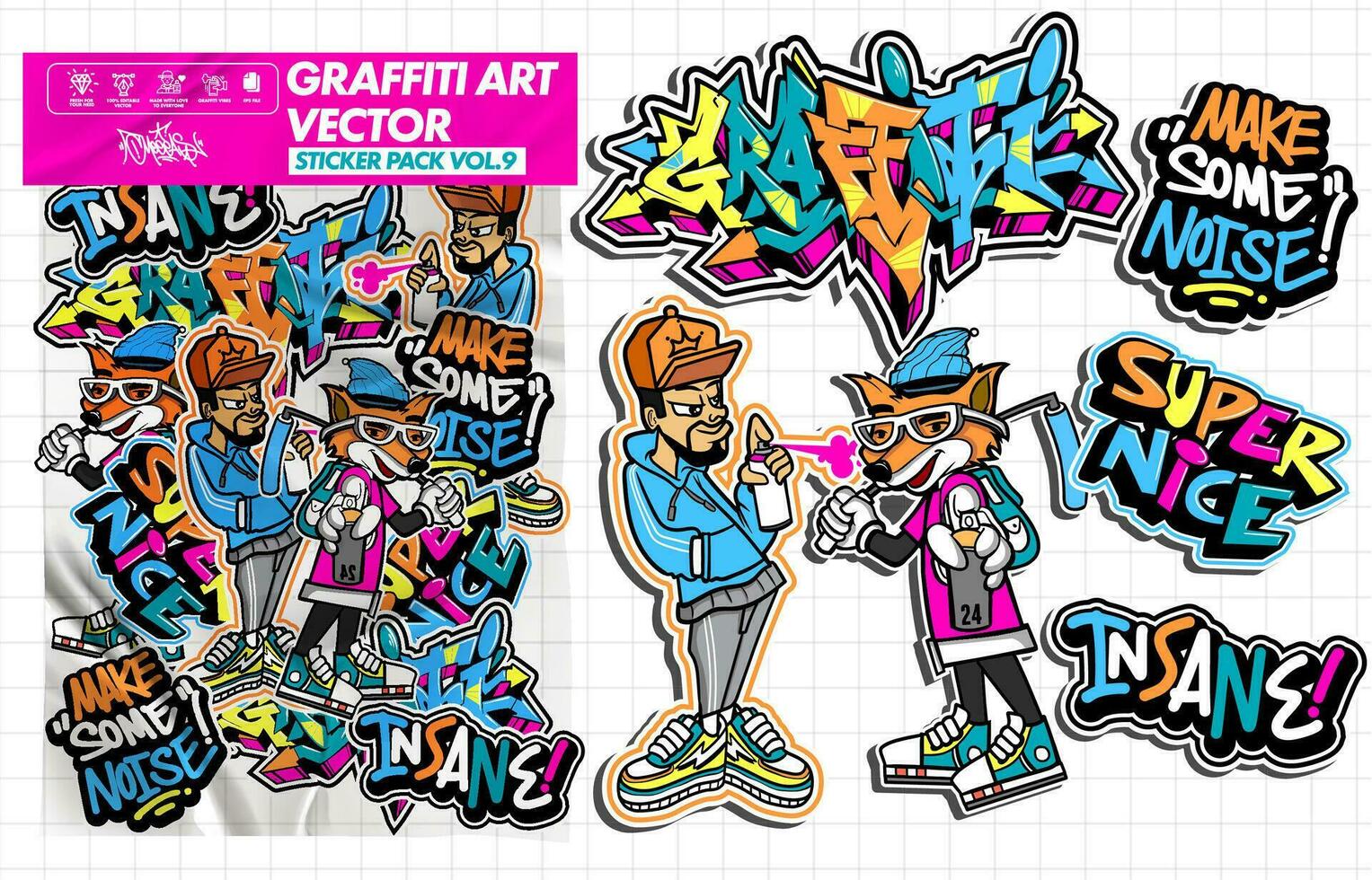 graffiti konst vektor klistermärke illustration. uppsättning av vektor design med färgrik mönster