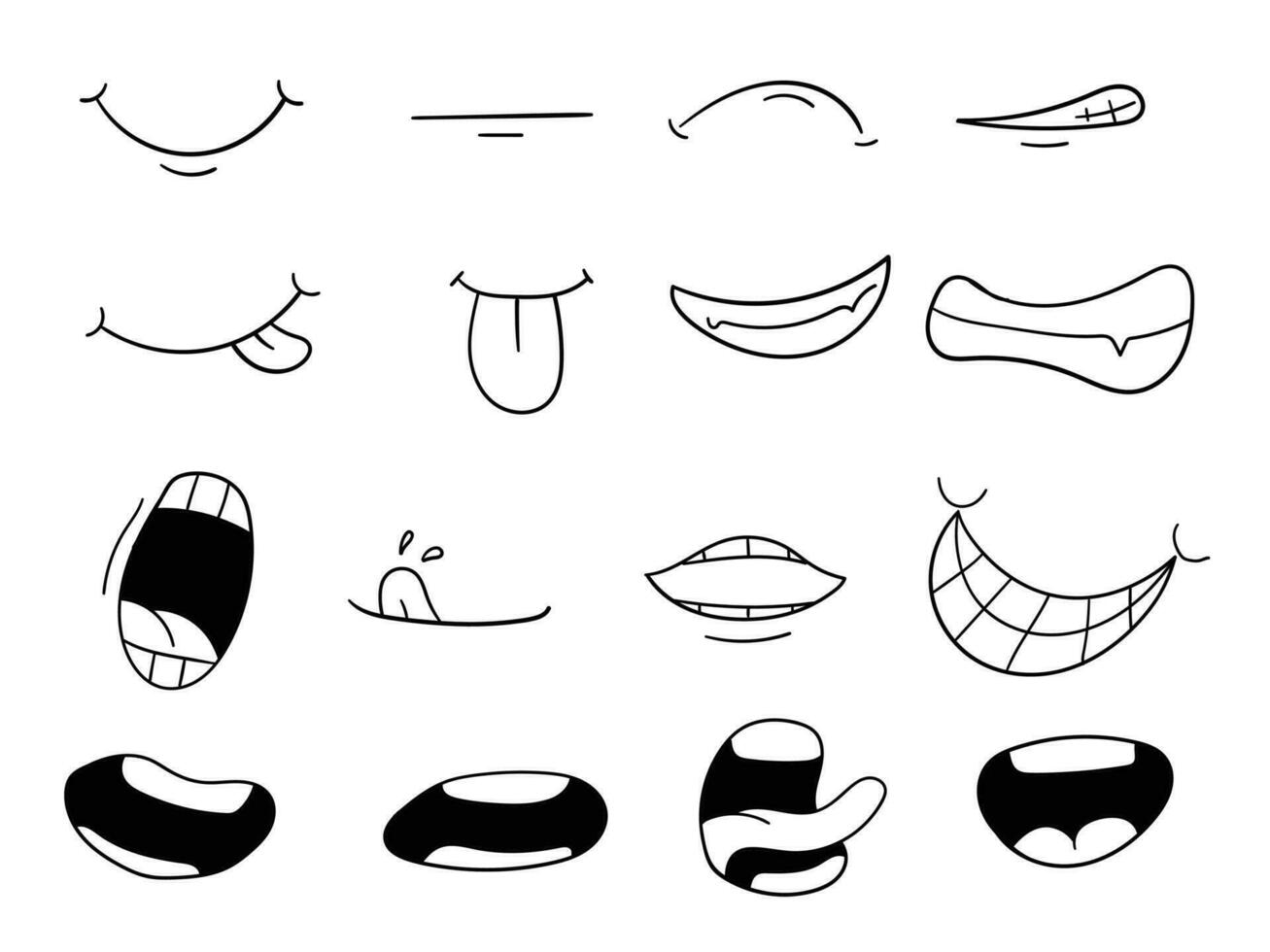 Karikatur Mund lächeln, Glücklich, traurig Ausdruck Satz. Hand gezeichnet Gekritzel Mund vektor