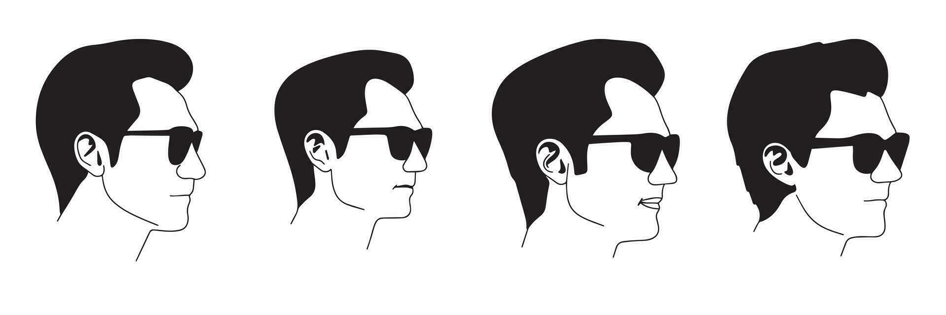 Sammlung von Männer Profil Silhouette. einstellen Silhouetten von des Mannes Kopf mit Sonnenbrille isoliert auf Weiß Hintergrund. Vektor Illustration.