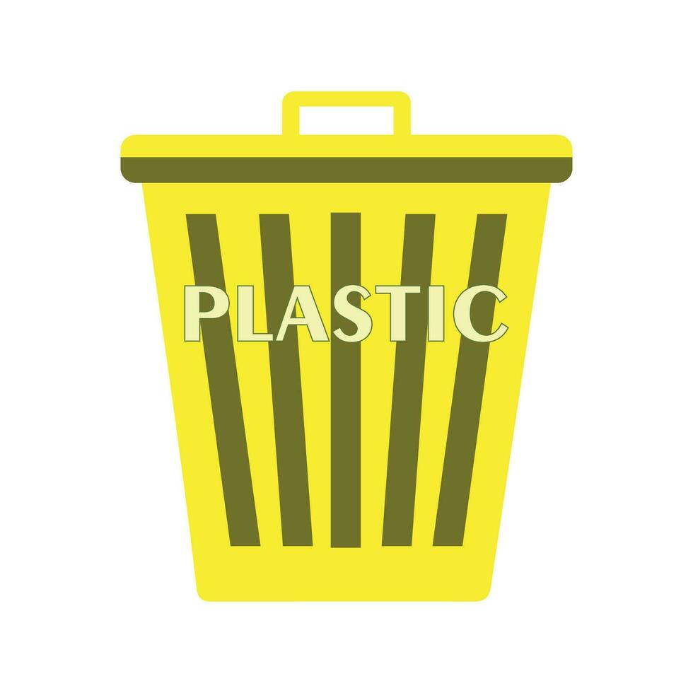 Plastik Müll Sortierung. Gelb Container zum Plastik Abfall. Pakete, Flaschen und Teller. Pflege zum Umfeld, Natur und Atmosphäre, Null Abfall Lebensstil. Karikatur eben Vektor Illustration