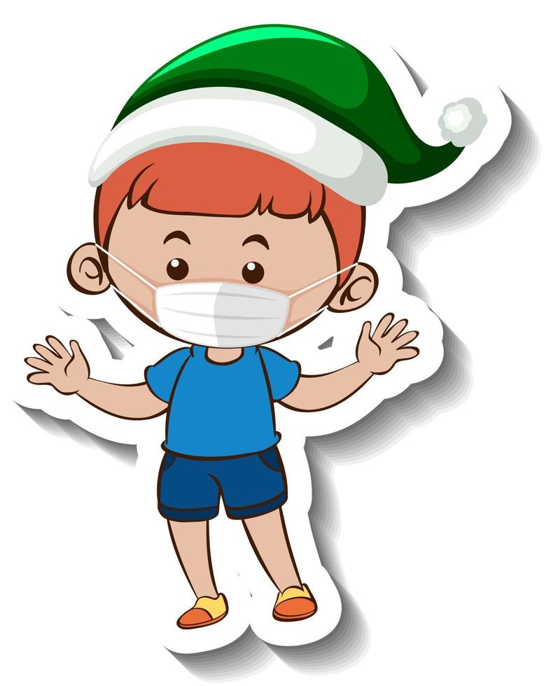 en klistermärkesmall med en pojke som bär mask i jultema vektor
