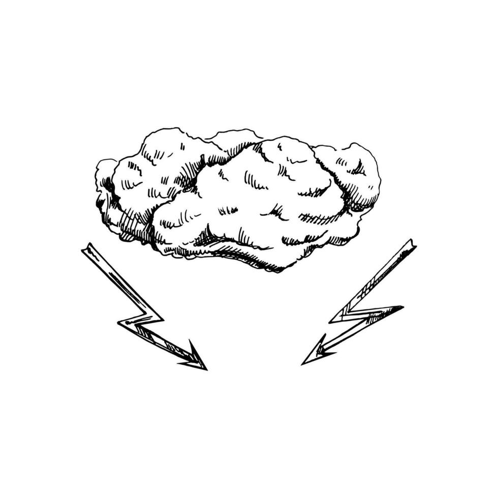 ritad för hand svartvitt skiss av moln med blixt- på vit bakgrund. eco begrepp. vektor