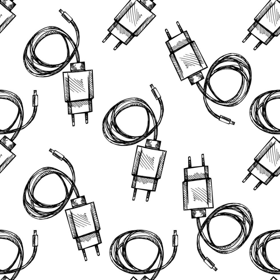 nahtlos Muster von handgemalt elektrisch Stecker, Mikro USB Ladegerät zum Smartphone Nahansicht mit ein Kabel. Schwarz und weiß Illustration im skizzieren Stil. Öko Energie Konzept. Jahrgang, Gekritzel. vektor