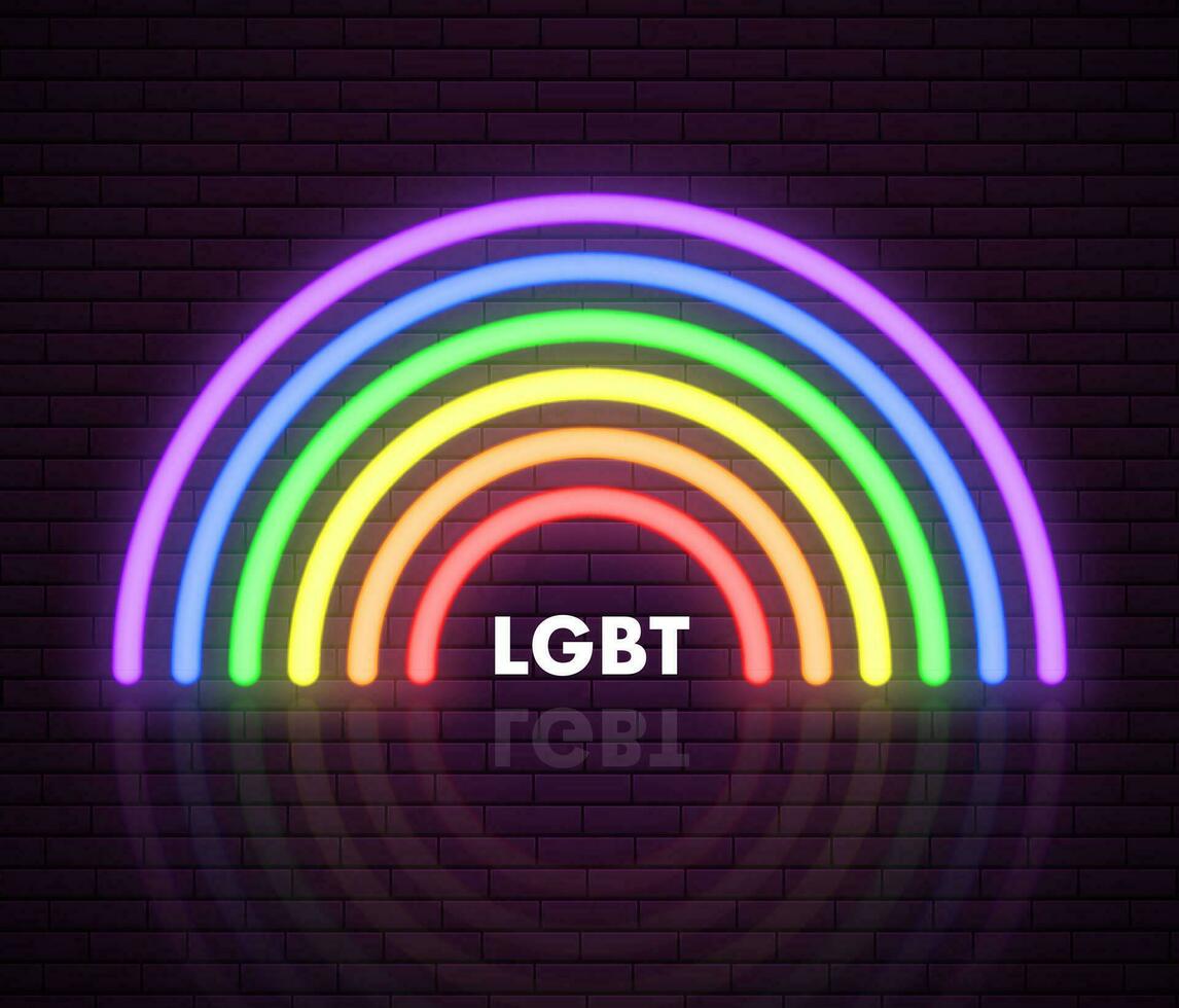 lgbt Neon- Regenbogen unterzeichnen. lgbt Stolz Monat. Lesben Fröhlich bisexuell Transgender. Regenbogen Liebe Konzept. Mensch Rechte und Toleranz. Vektor Illustration isoliert auf Backstein Mauer