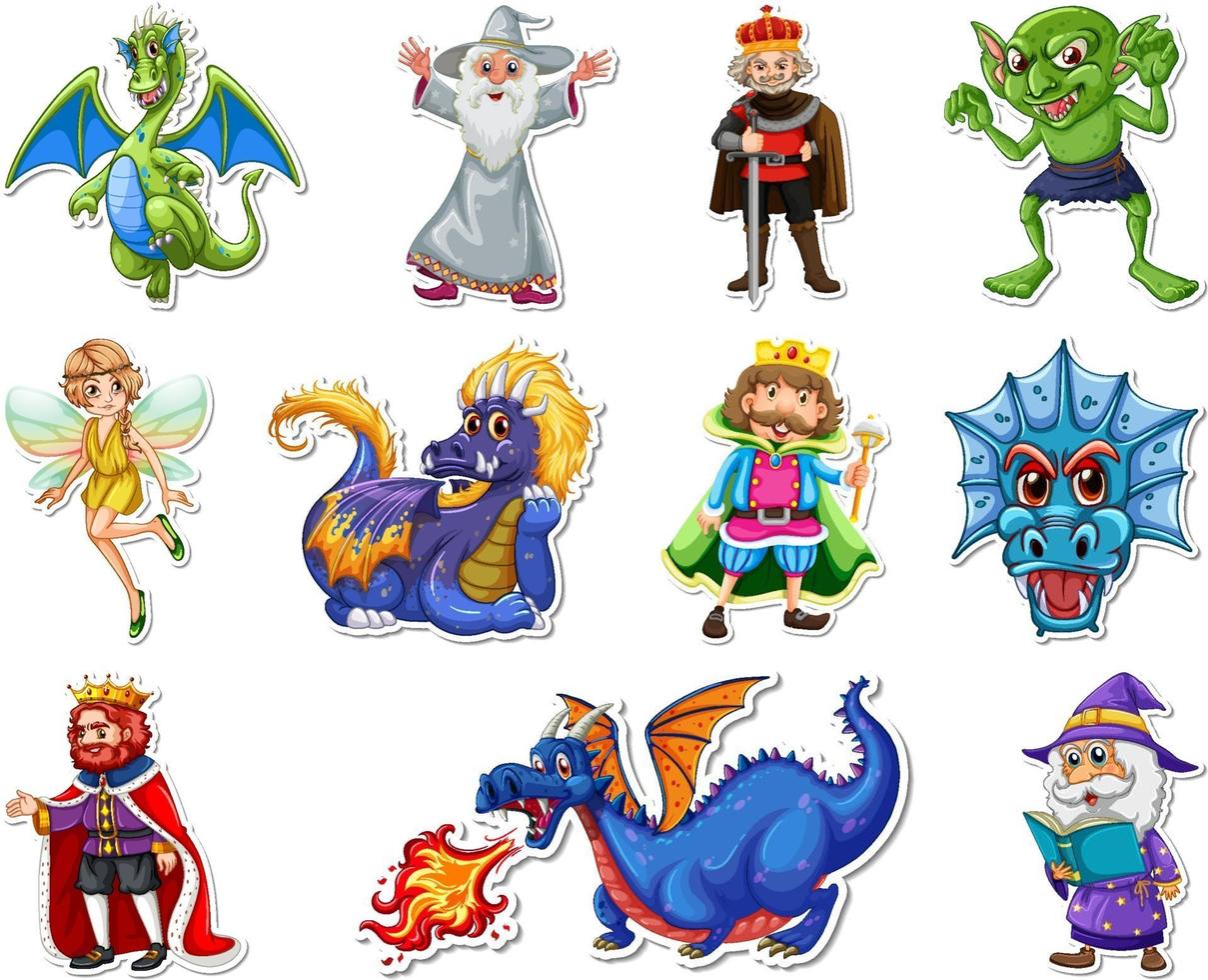 klistermärke med olika fantasy seriefigurer vektor