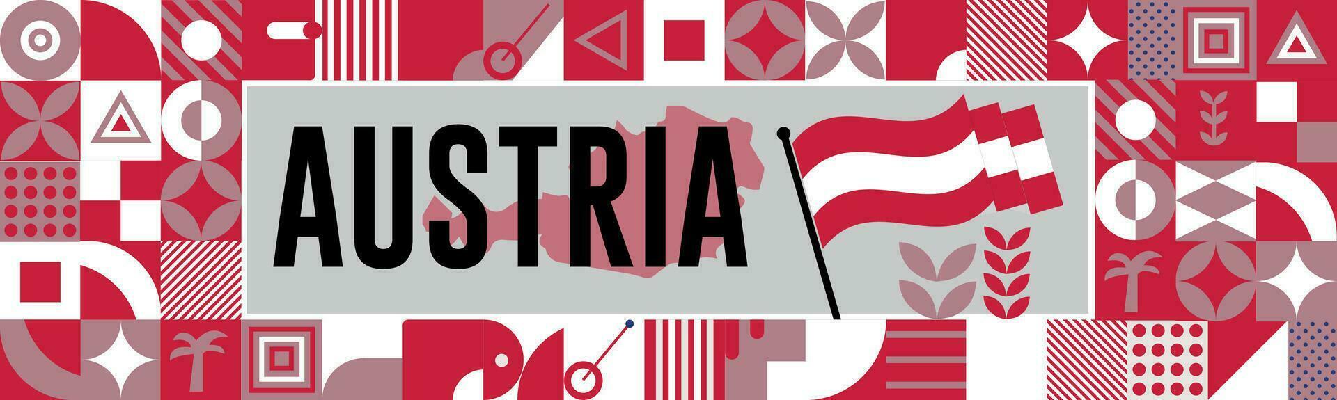 Österreich National Tag Banner mit Karte, Flagge Farben Thema Hintergrund und geometrisch abstrakt retro modern bunt Design mit angehoben Hände oder Fäuste. vektor