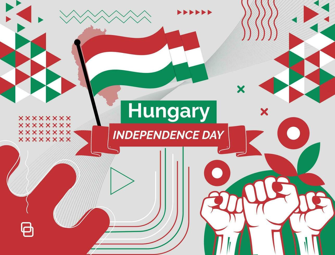 Ungarn National Tag Banner mit Karte, Flagge Farben Thema Hintergrund und geometrisch abstrakt retro modern bunt Design mit angehoben Hände oder Fäuste. vektor