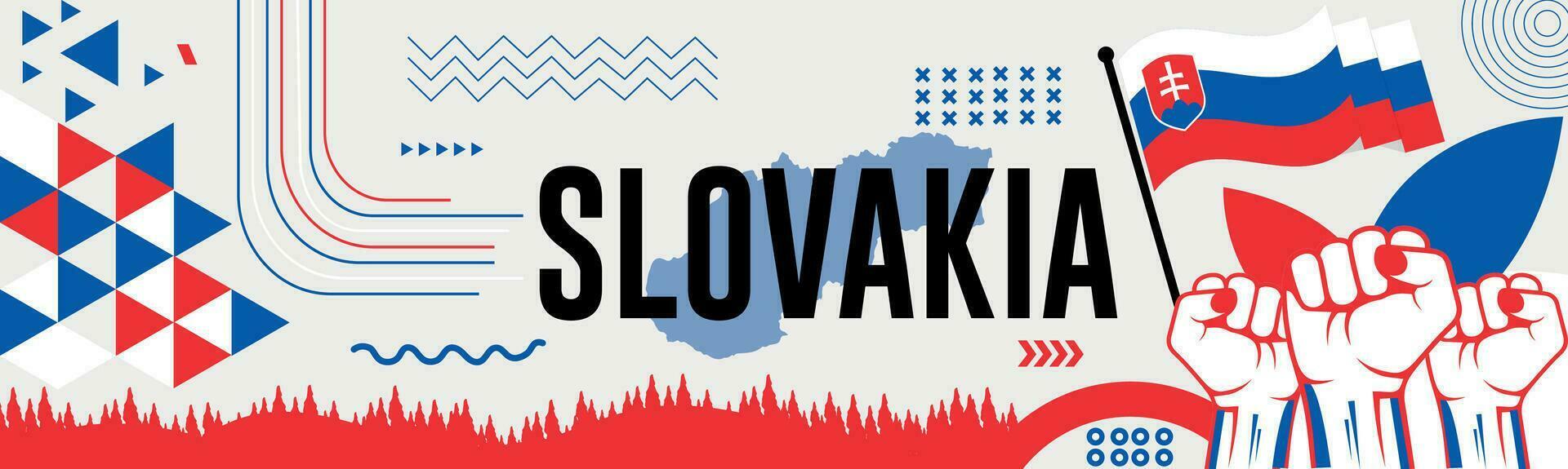 slovakia nationell dag baner med Karta, flagga färger tema bakgrund och geometrisk abstrakt retro modern color design med Uppfostrad händer eller nävar. vektor