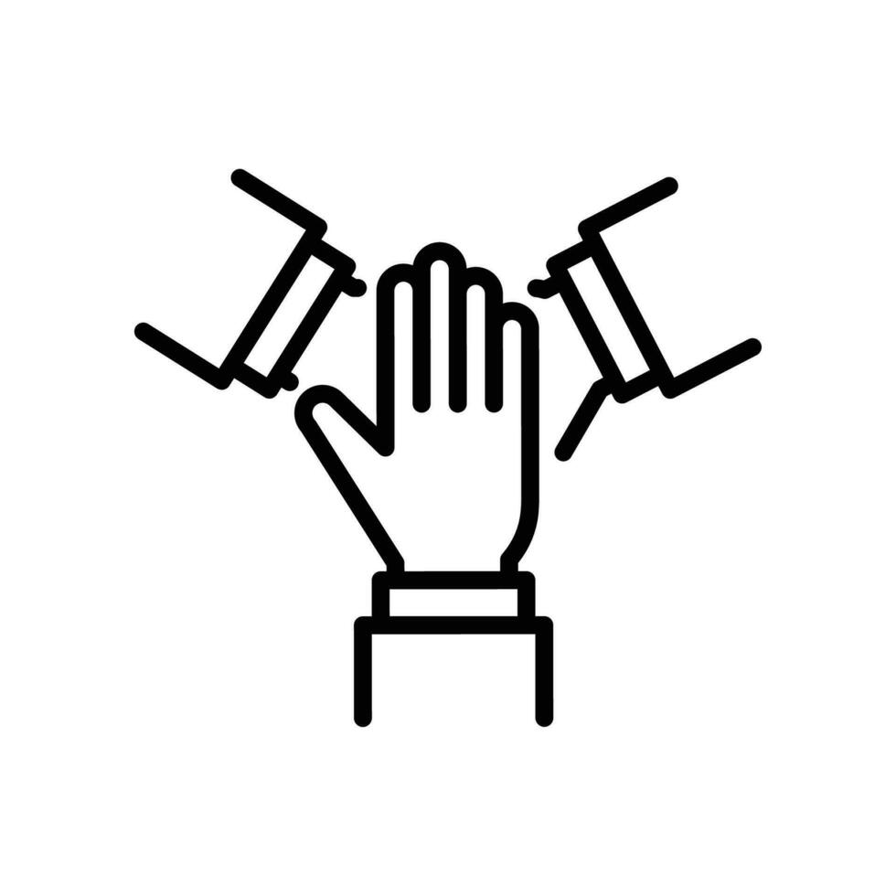 tre händer Stöd varje Övrig. team händer tillsammans ikon. företag begrepp. lagarbete samarbete. enkel piktogram, stroke. linje vektor illustration. design på vit bakgrund. eps10