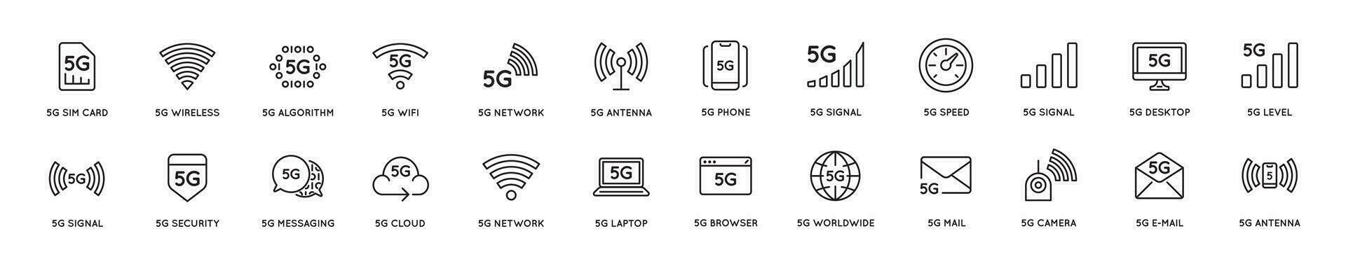 einfach Linie Schlaganfall Vektor Symbol Set, neu 5 .. Generation Handy, Mobiltelefon Netzwerk 5g, hoch Geschwindigkeit Verbindung kabellos Systeme.