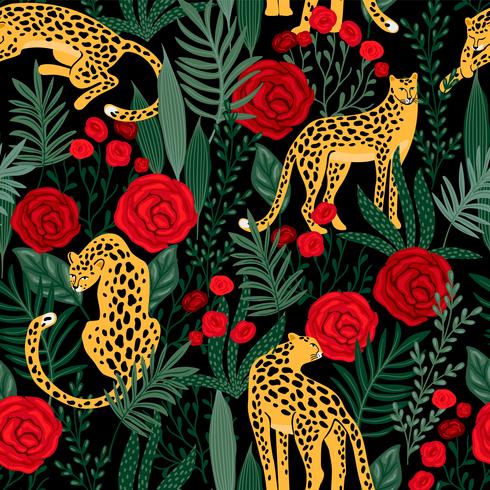 Seamless mönster med leoparder och rosor. vektor