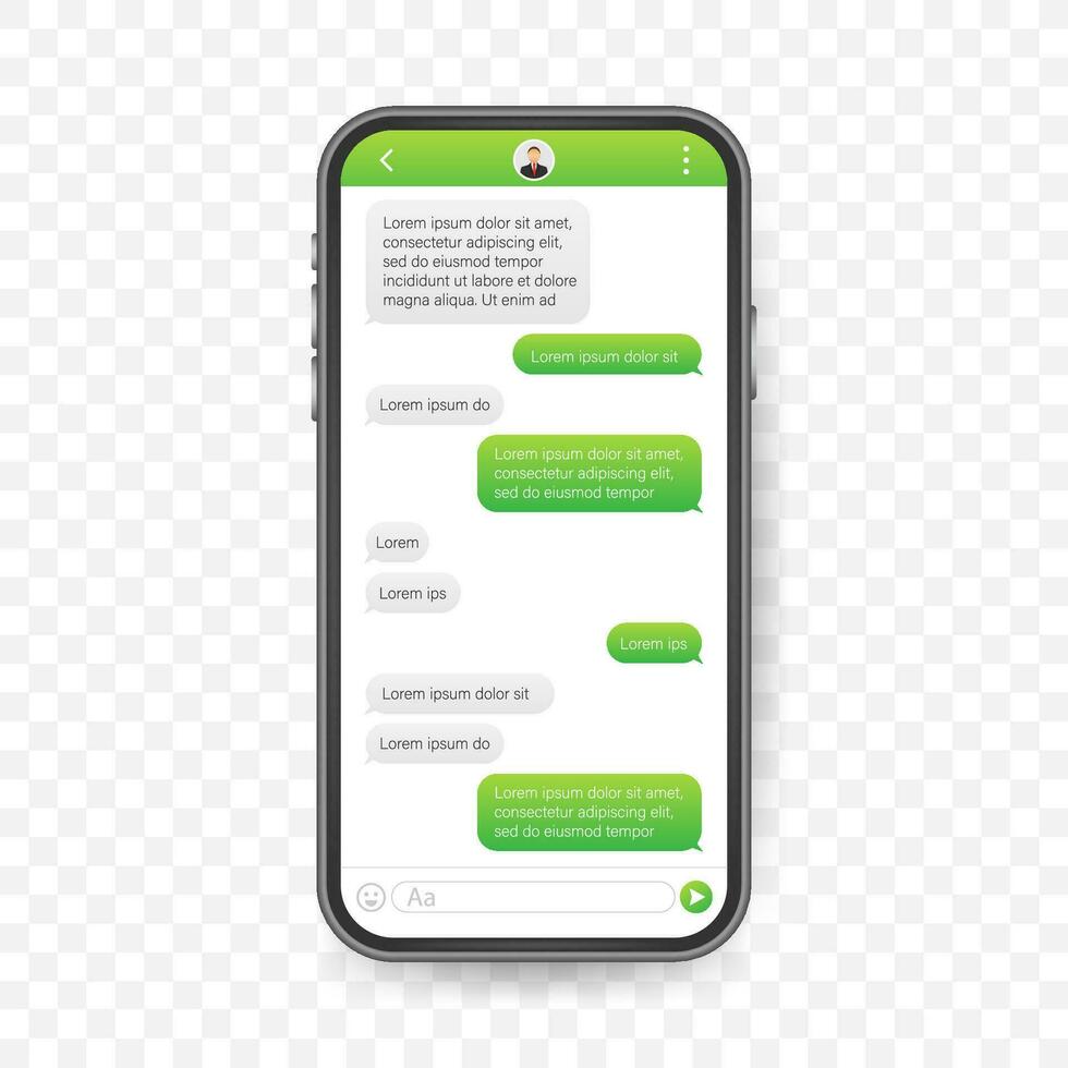 Plaudern Schnittstelle Anwendung mit Dialog Fenster. sauber Handy, Mobiltelefon ui Design Konzept. SMS Bote. Vektor Lager Illustration