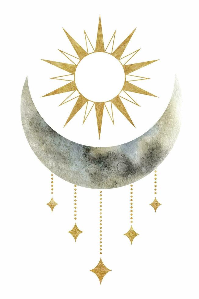 halvmåne måne och Sol. esoterisk tecken och symboler. vattenfärg illustrationer på de ämne av astrologi och esoterism. isolerat. minimalistisk illustration för design, skriva ut, tyg eller bakgrund. vektor