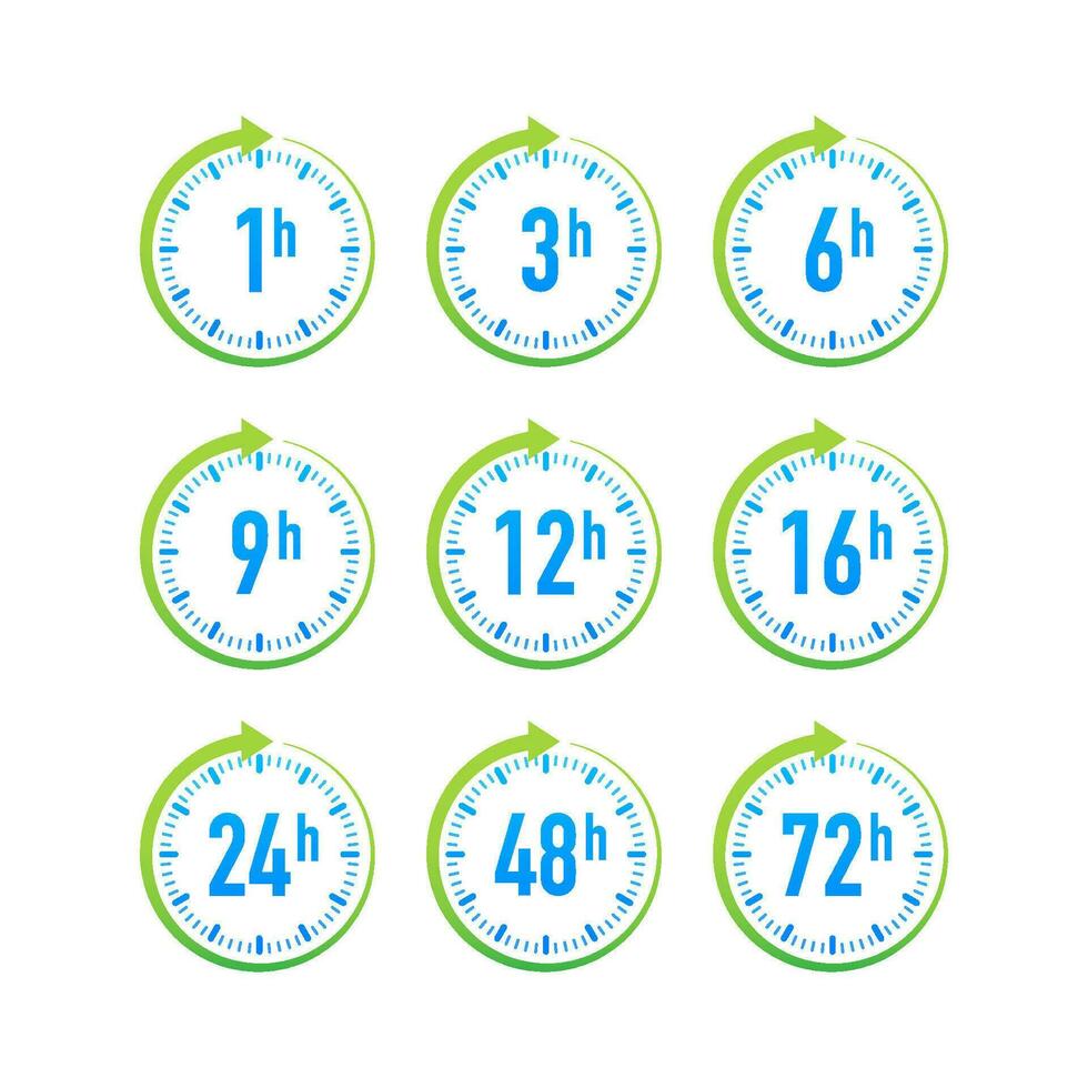 12, 24, 48, 72 Std Uhr Pfeil. Arbeit Zeit bewirken oder Lieferung Bedienung Zeit. Vektor Lager Illustration