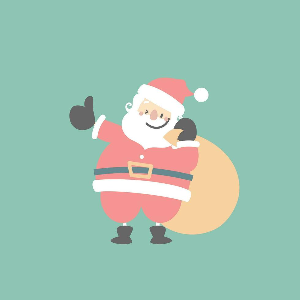 glad jul och Lycklig ny år med söt santa claus och närvarande gåva väska i de vinter- säsong grön bakgrund, platt vektor illustration tecknad serie karaktär kostym design