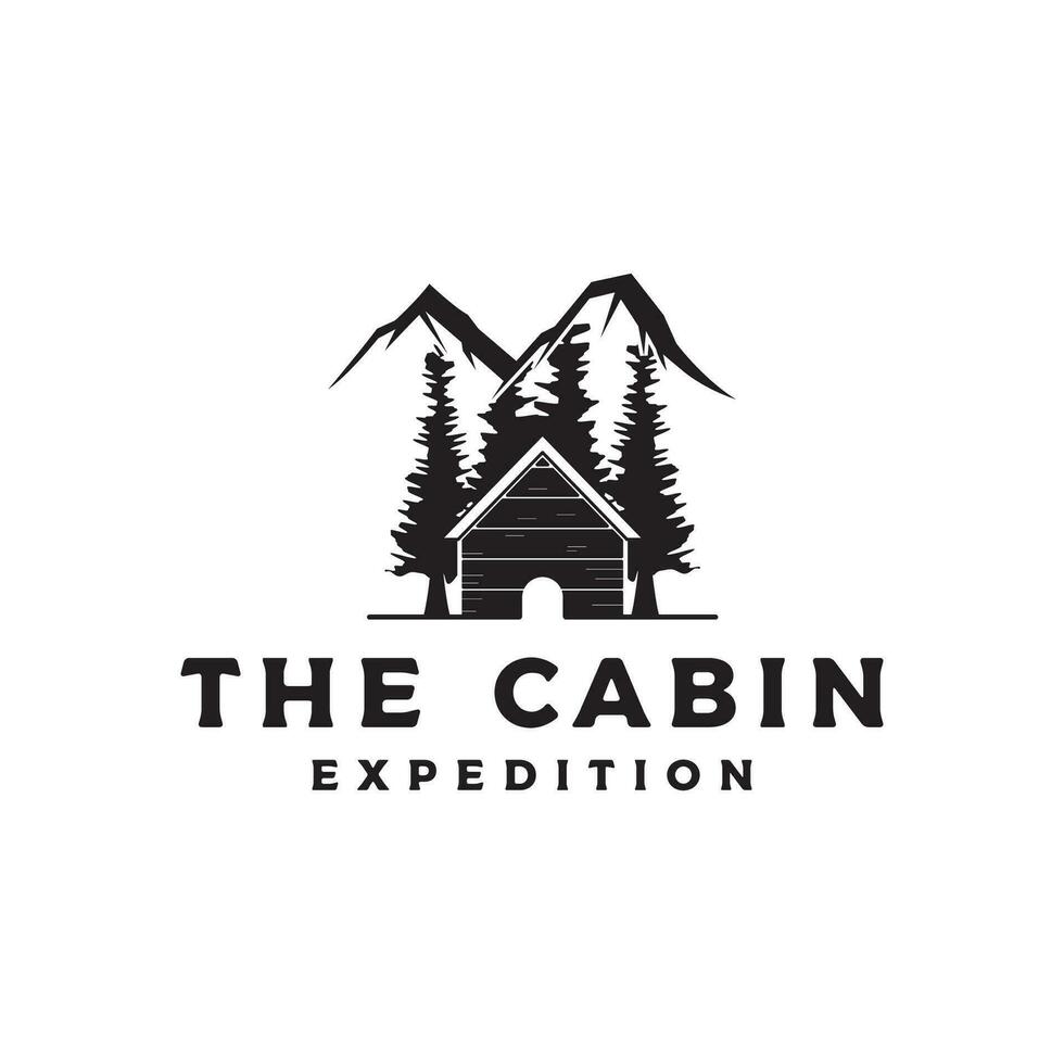 Jahrgang rustikal Kabine oder Hütte Logo Vorlage Design mit Wald und Berg Sicht. vektor