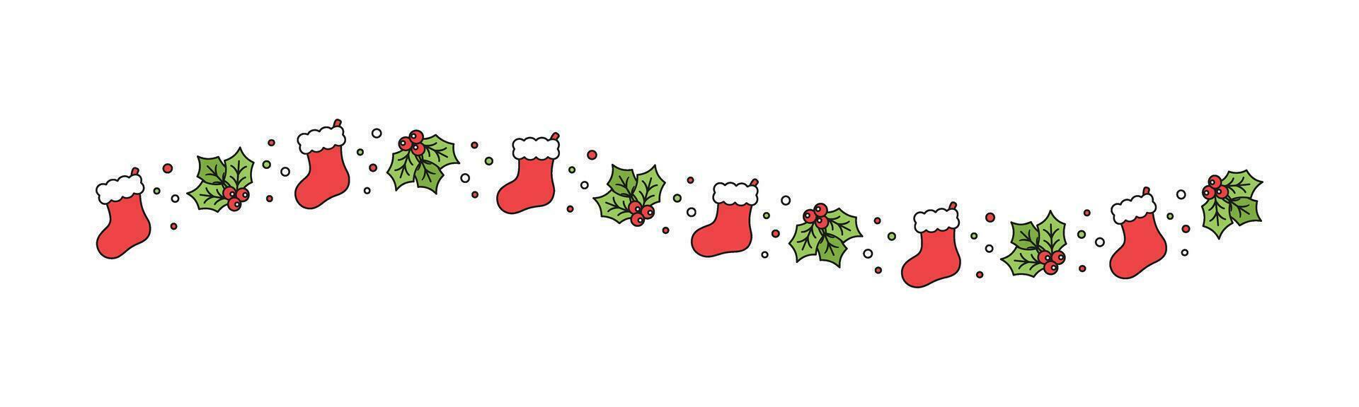 jul tema dekorativ vågig gräns och text delare, jul strumpa och mistel mönster. vektor illustration.