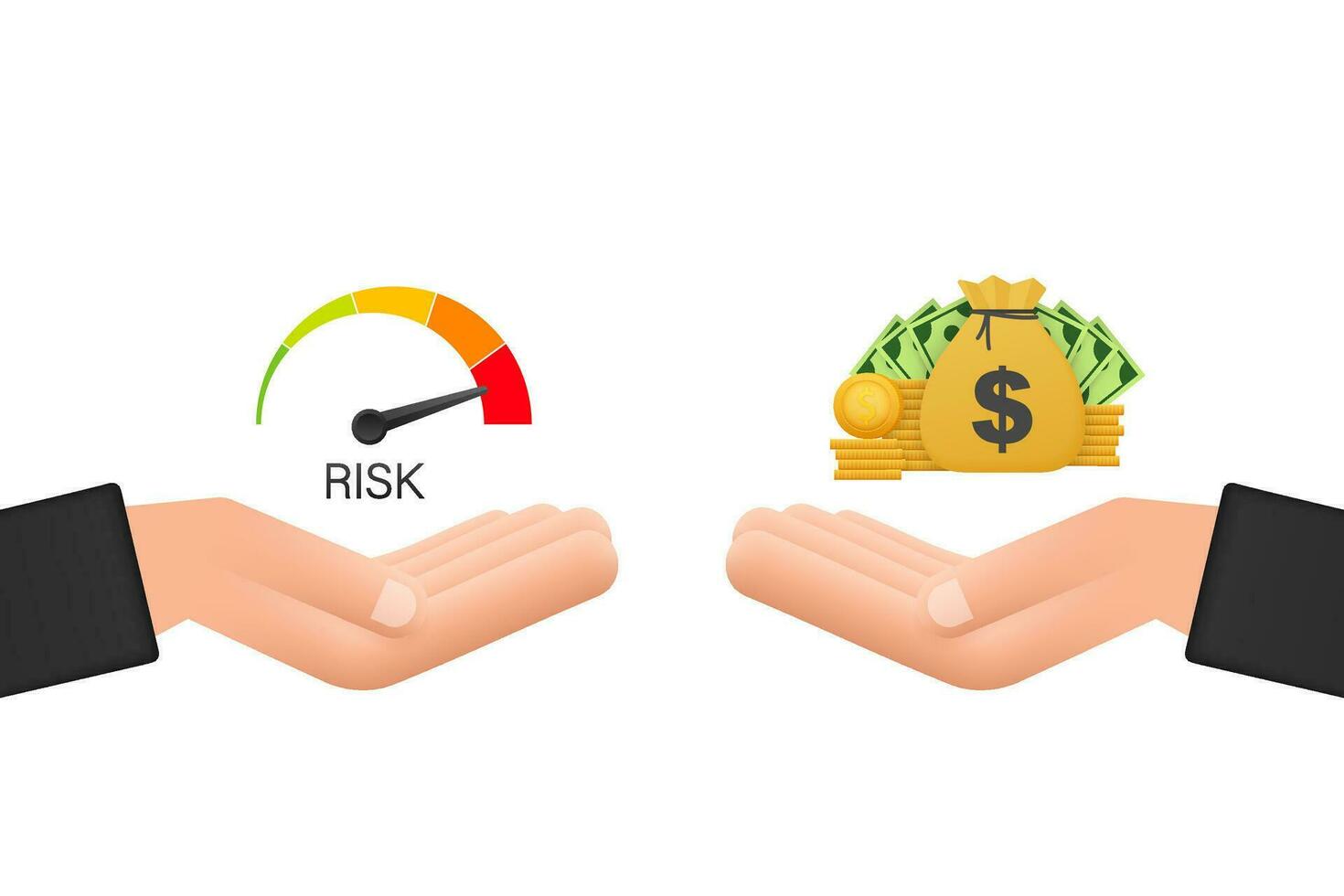 företag vektor ikon. pengar mot risk i händer. platt vektor tecknad serie pengar illustration