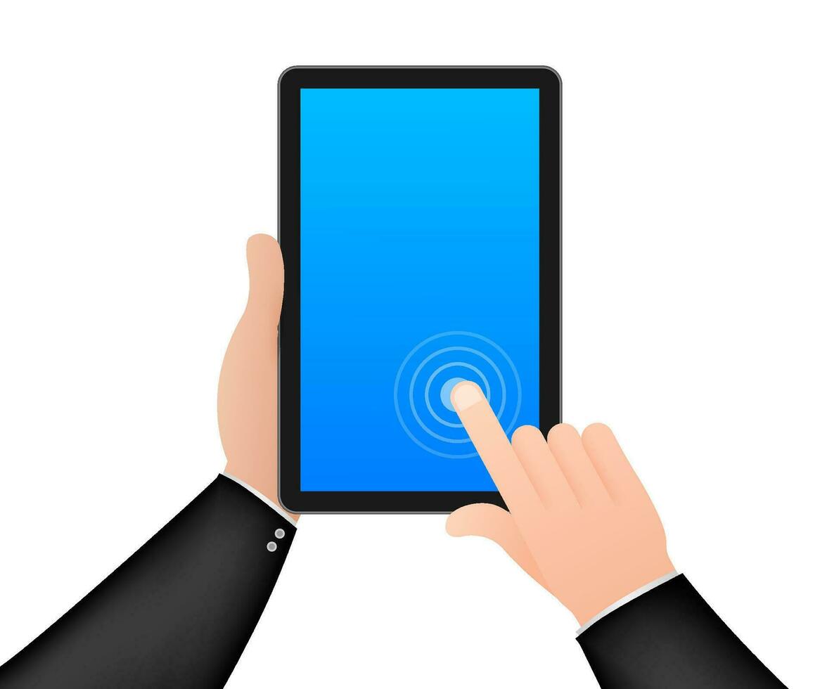 Bildschirm Computer Monitor. Digital Kommunikation. Hand berühren Bildschirm Smartphone Symbol. Hand klicken Symbol. Vektor Lager Illustration