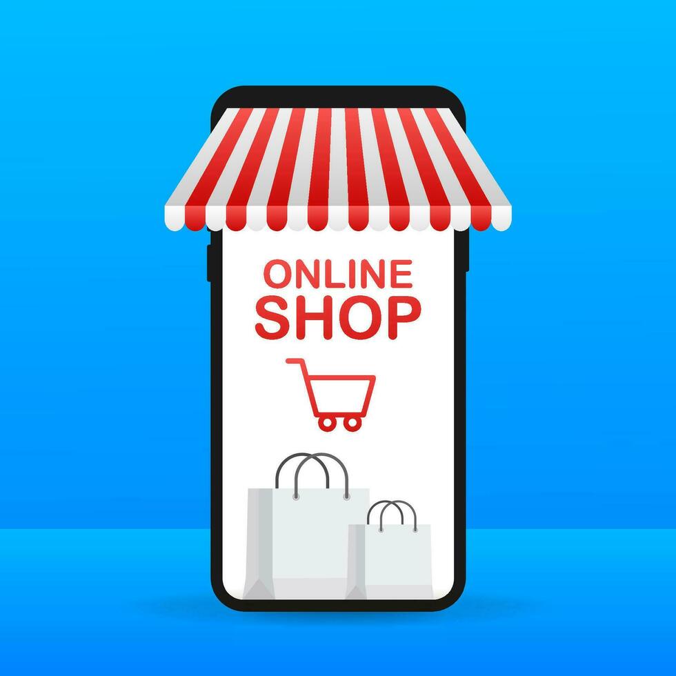 Einkaufen online auf Webseite. online speichern, Geschäft Konzept auf Smartphone Bildschirm. Vektor Illustration.