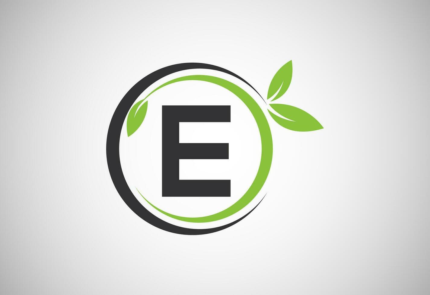 engelsk alfabet e med grön löv. organisk, miljövänlig logotyp design vektor mall
