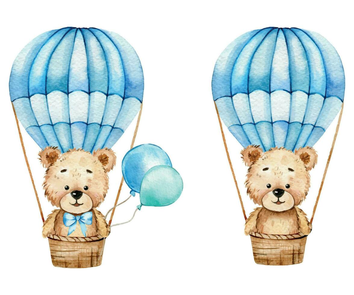 süß Baby Bär mit Luftballons Aquarell Illustration, wenig Bär mit Luftballons isoliert auf Weiß Hintergrund. Hand gezeichnet schön Tier zum Kindergarten Dekor Kinder Illustration. Baby Dusche Konzept vektor