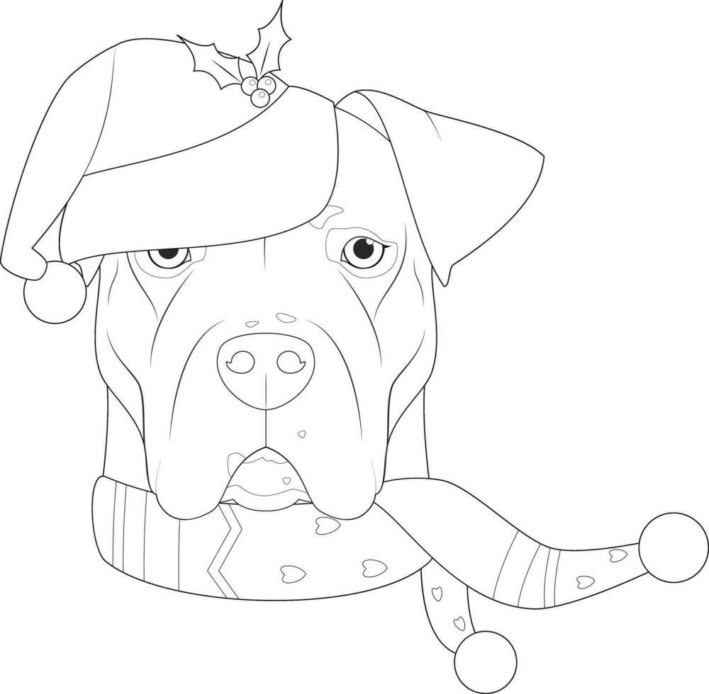 Weihnachten Gruß Karte zum Färbung. Argentinier dogo Hund mit Santa's Hut und ein Wolle Schal zum Winter vektor