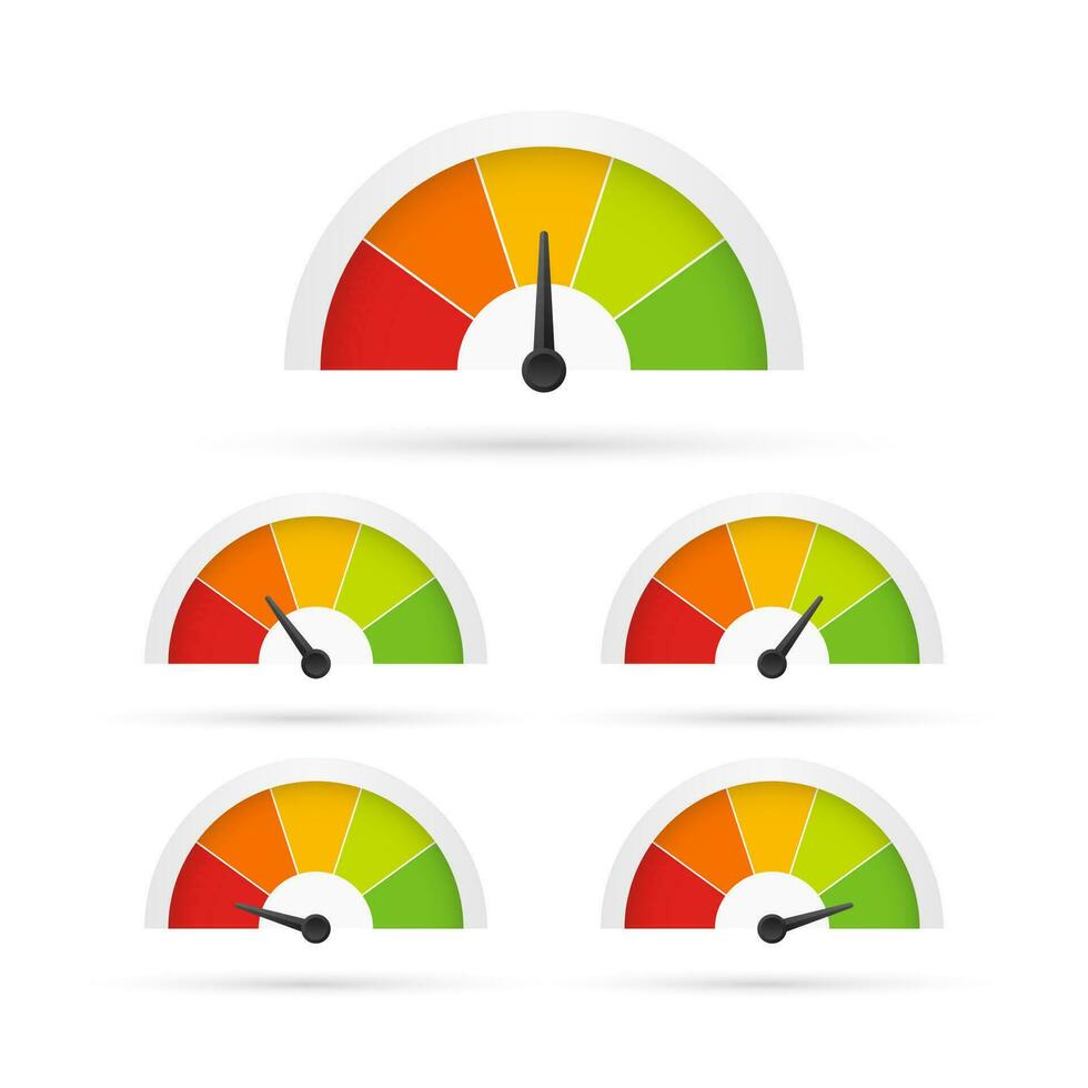 Bewertung Kunde Befriedigung Meter. anders Emotionen Kunst Design von rot zu grün. abstrakt Konzept Grafik Element von Geschwindigkeitsmesser, Tachometer, Indikatoren, Punktzahl. vektor