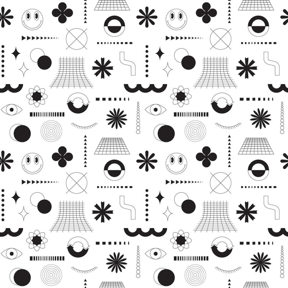 schwarz und Weiß nahtlos Muster mit abstrakt geometrisch, deutlich, linear Formen. Netz, lächelnd Gesicht, Blumen. Brutalismus, retro Futurismus Stil inspiriert. zum Netz Design, Abdeckungen, Textil. Vektor Hintergrund