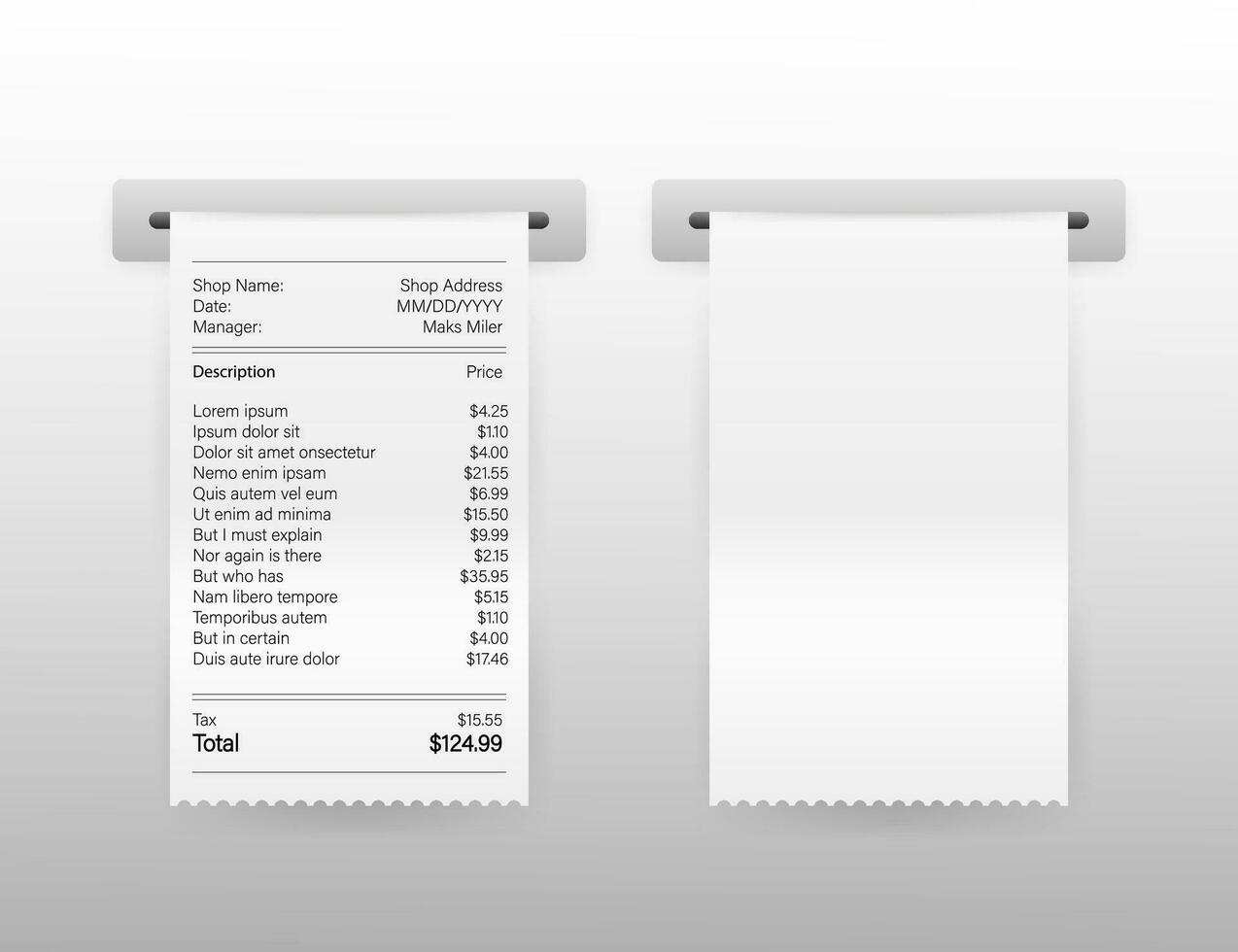 vektor realistisk 3d papper tryckt Bankomat transaktion spela in mottagande uppsättning närbild isolerat på vit bakgrund.
