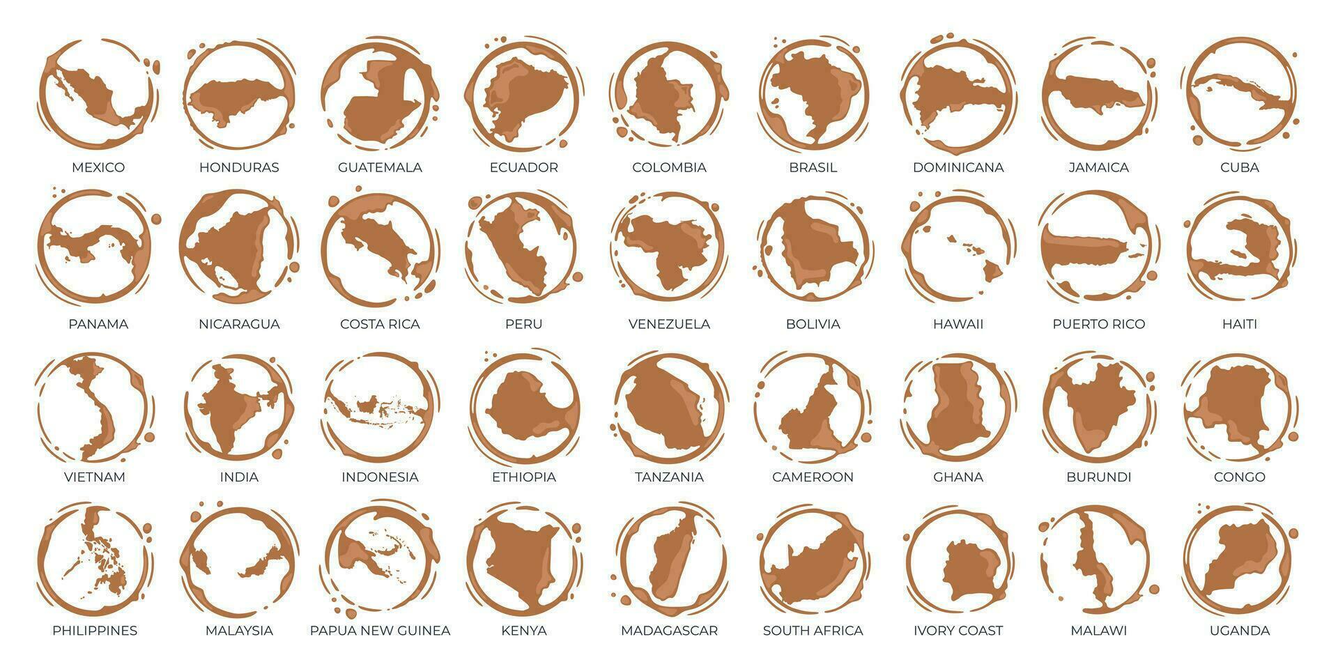 samling av kaffe kopp runda fläckar formad tycka om en kaffe ursprung länder, producenter och exportörer. vektor