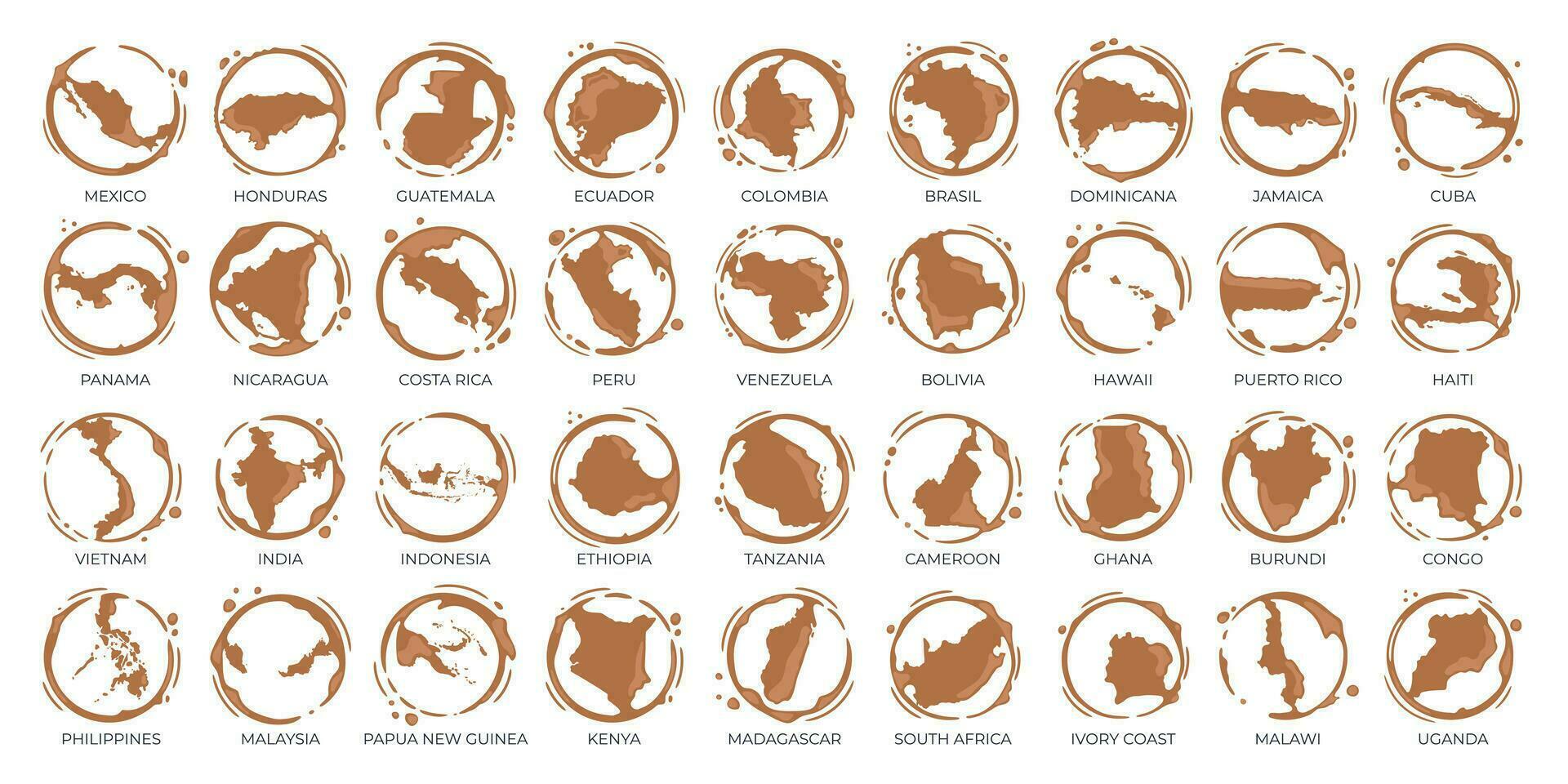 Sammlung von Kaffee Tasse runden Flecken geformt mögen ein Kaffee Ursprung Länder, Produzenten und Exporteure. vektor