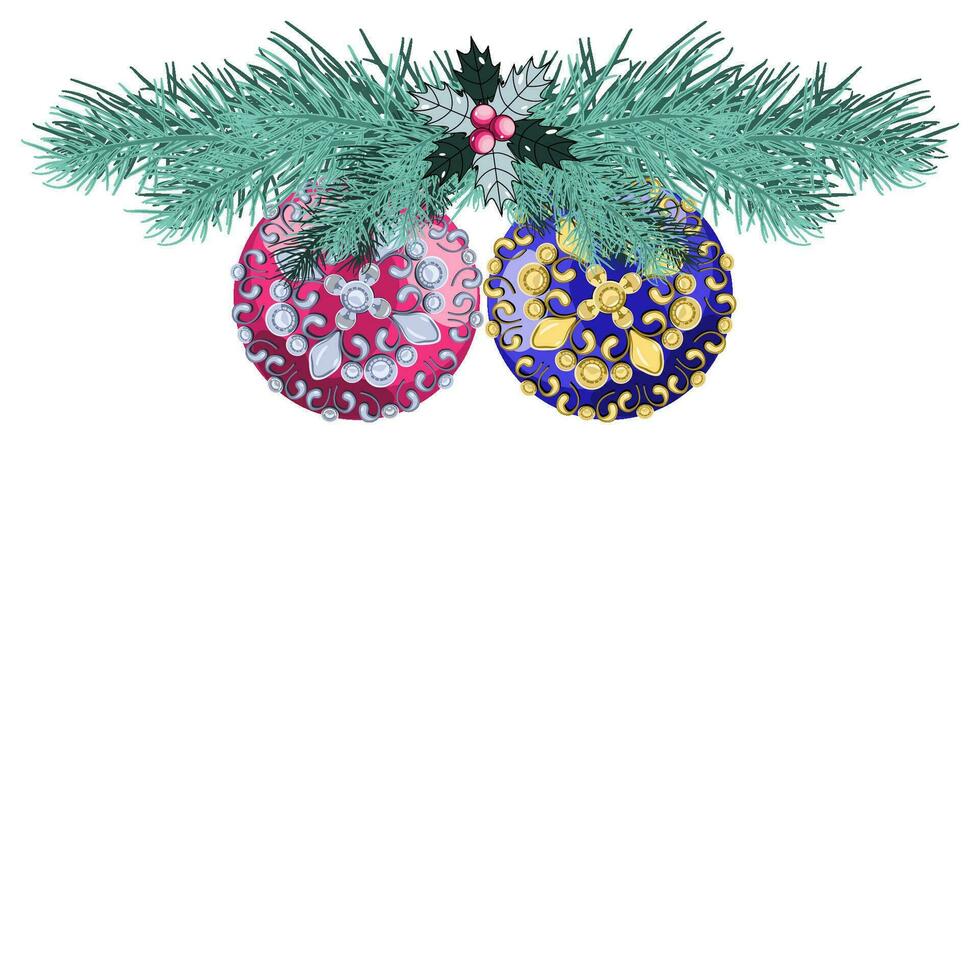 vinter- Semester dekoration med tall grenar, stockros och jul bollar vektor