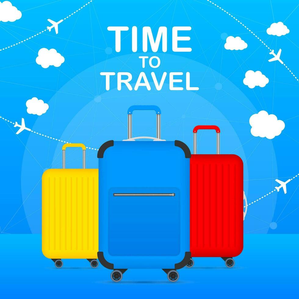 tid till resa turism affisch begrepp främre se med röd, gul och blå reser väska. vektor stock illustration.